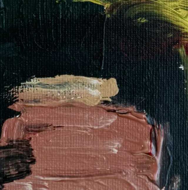 Detail of the studio painting: clay and biscuit strokes under an acid-yellow sweep